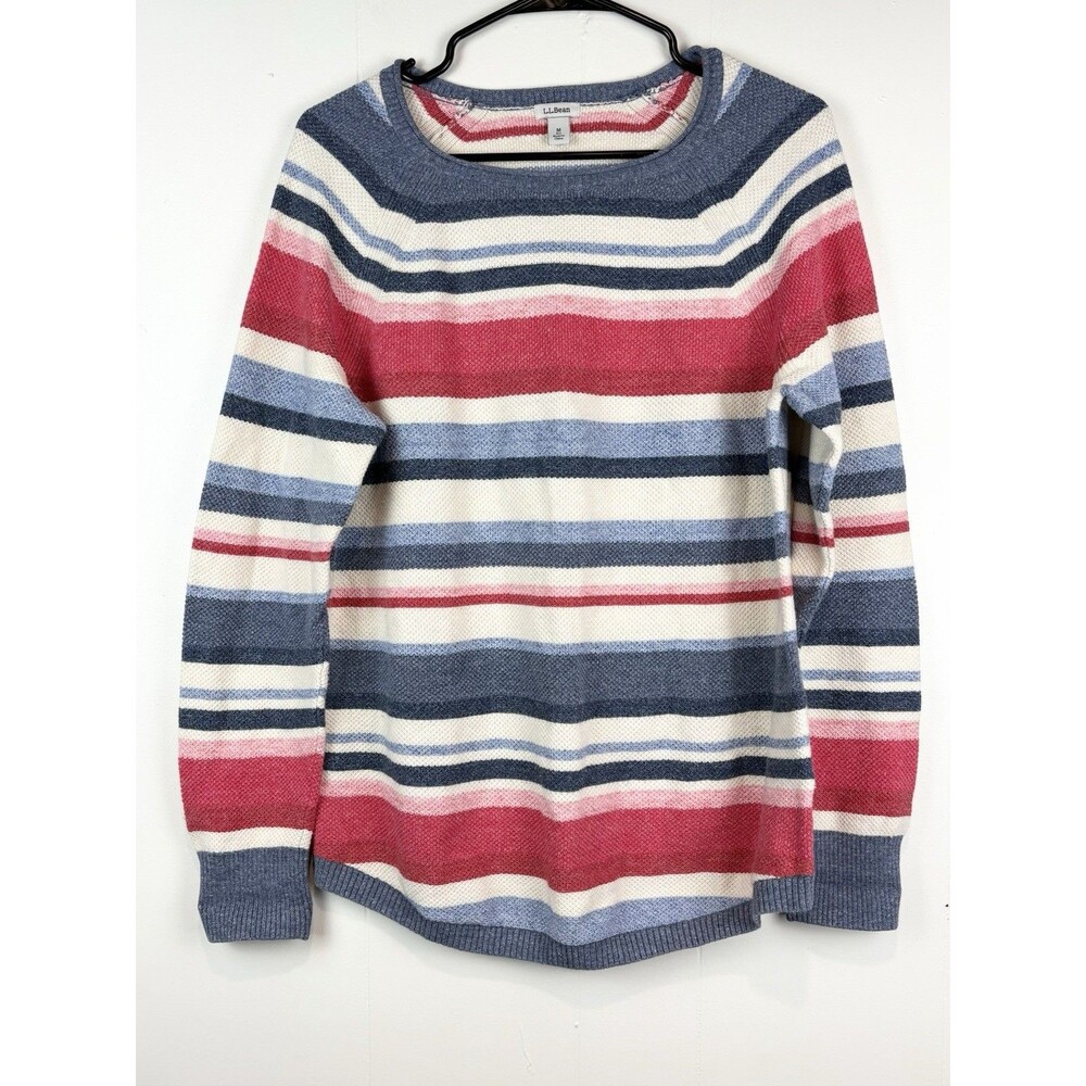 LL Bean Sweater Women's M Striped Knit Blue Red Preppy Classic Americana 90s Mom